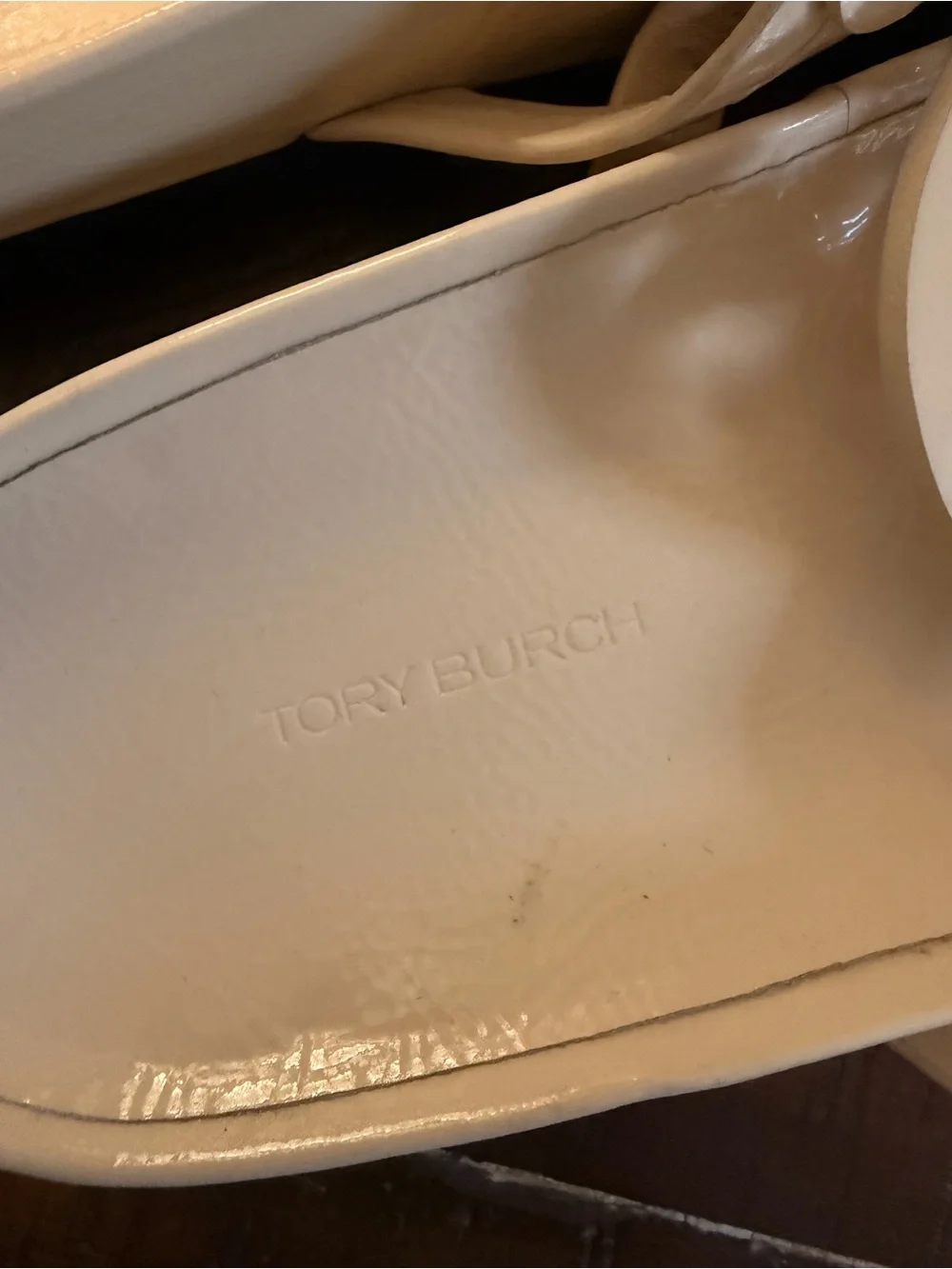 Tory Burch Cream Patent Leather Logo Thong Sandals